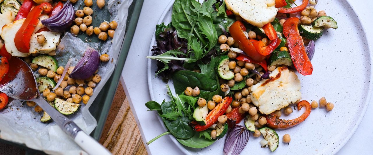 halloumi tray bake recipe easy healthy vegetarian
