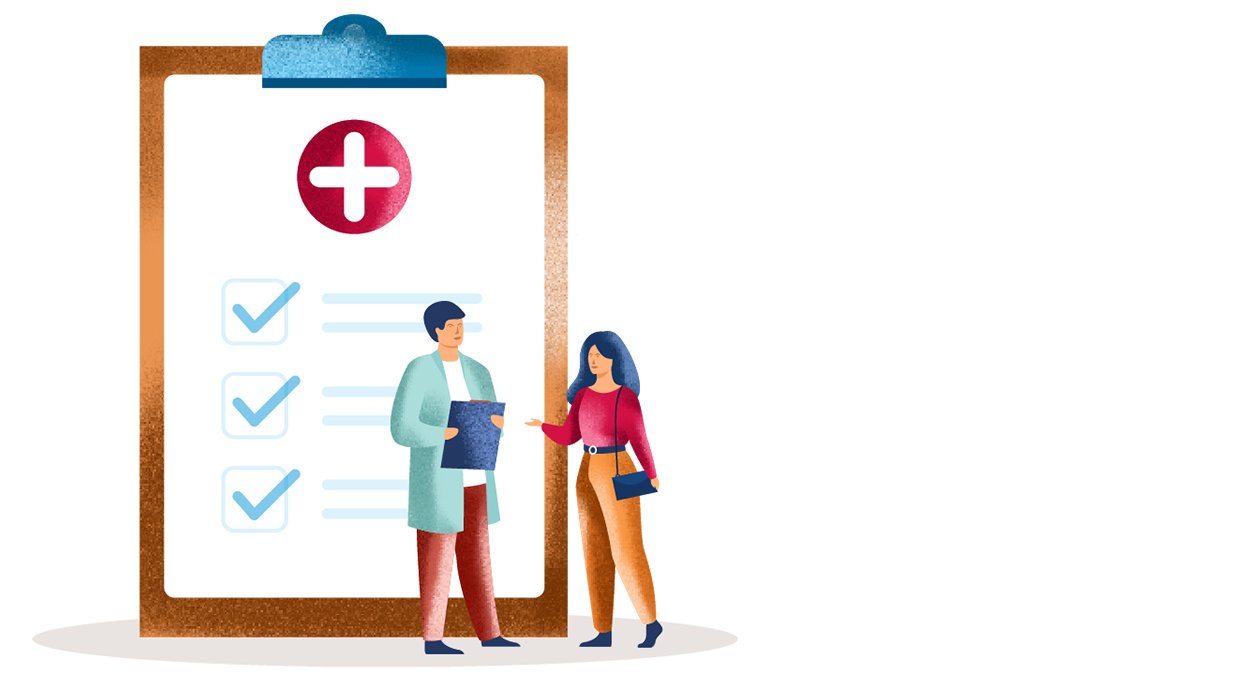 Woman talking to her doctor who is holding a clipboard illustration.