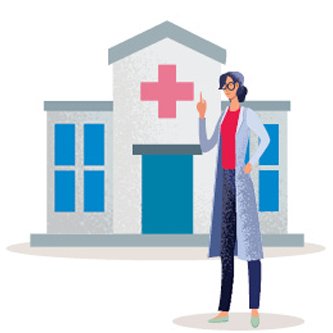 A woman in a lab coat stands confidently in front of a modern hospital building