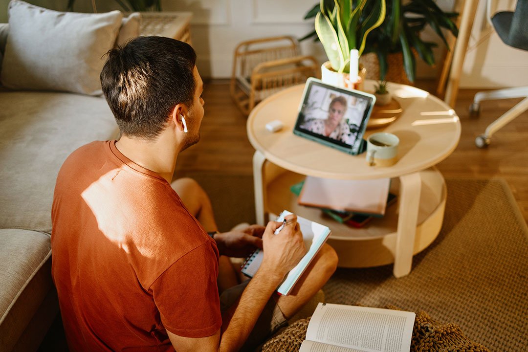 A man sits on a couch with a laptop, accompanied by a small potted plant nearby