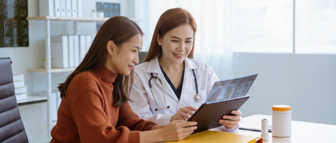 醫療專業人員與病人在診所內進行醫生諮詢，一同在查看健康檢查與醫療影像結果。