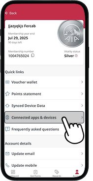 Account screen with Connected apps and devices option highlighted