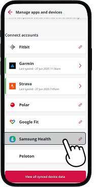 Manage apps and devices screen with Samsung health option highlighted