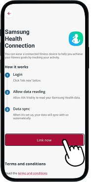 Samsung health screen with link now button highlighted
