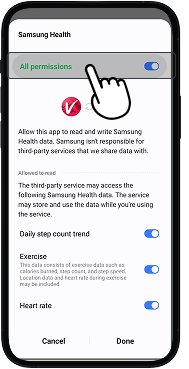 Samsung Health screen with "All permissions" button highlighted