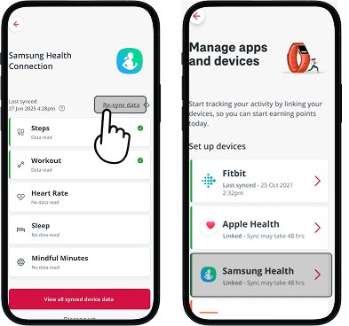 AIA Vitality Samsung health screen with re-sync button and AIA Vitality manage apps screen showing Samsung health synced status  highlighted and AIA Vitality manage apps screen showing Samsung health synced status
