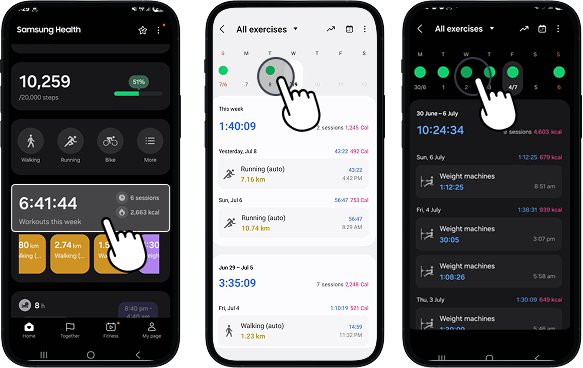 Samsung Health home screen showing 'Workouts this week' option highlighted leading to All exercises screen with date selector at the top highlighted