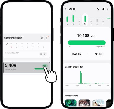 Samsung Health landing screen showing 'Steps' highlighted. Steps screen displaying recorded activity
