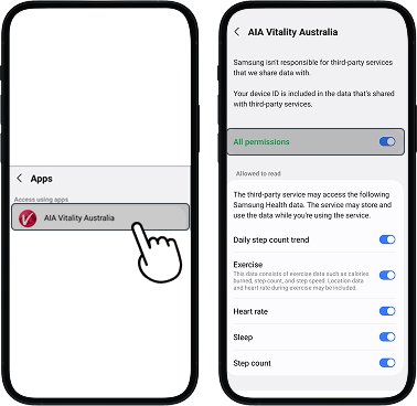 Apps screen showing AIA Vitality Australia in the list. Selecting it opens a screen showing all permissions turned on