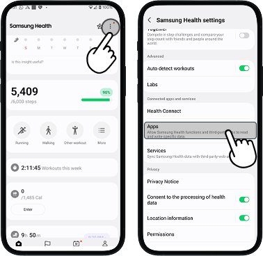 Samsung Health screen showing top-right ellipsis button highlighted. Apps screen under Health Connect highlighted