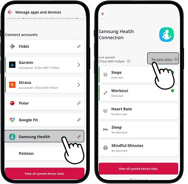 AIA Vitality Samsung Health screen with re sync button highlighted