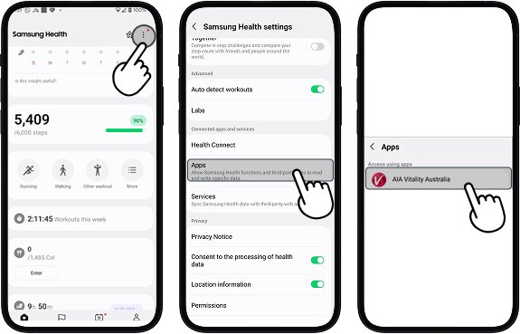 Samsung Health app screen showing top-right ellipsis button highlighted. Samsung Health settings with Apps highlighted. Apps list displaying AIA Vitality Australia