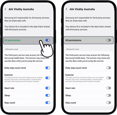 AIA Australia permissions page showing all permissions turned on. To disconnect, user can toggle off permissions