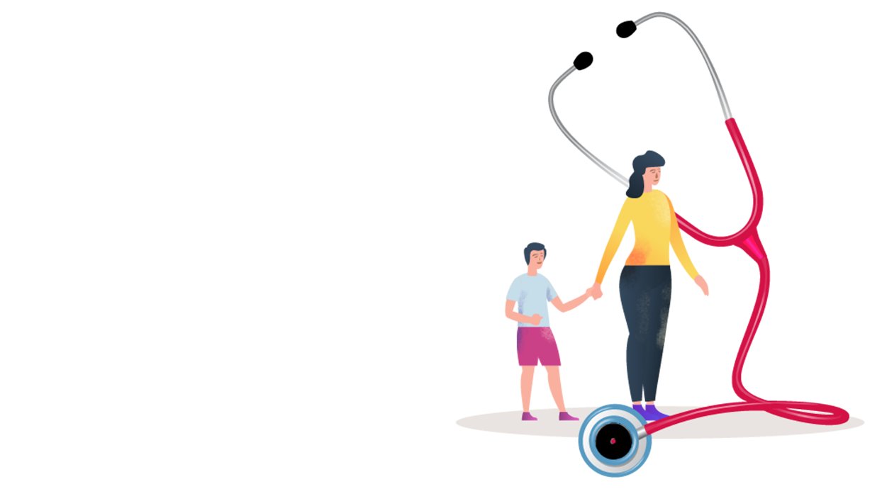 Mother and son holding hands in front of a stethoscope illustration.