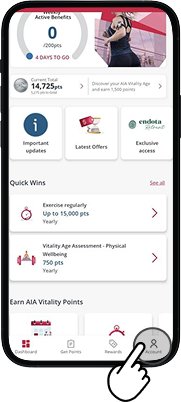 AIA Vitality app home screen with account button highlighted.