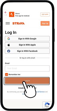 Strava app page with login button highlighted