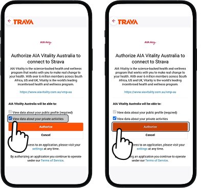 Strava account selection and permission screens with authorise button highlighted to share data with AIA Vitality