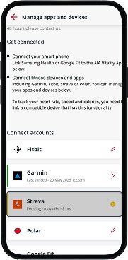 Fitness app screen showing Strava connection status as pending