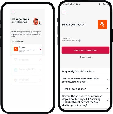 AIA Vitality manage apps screen showing Strava synced status and Strava Connection page showing last synced date