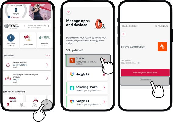AIA Vitality app Manage apps and devices screen with Strava highlighted