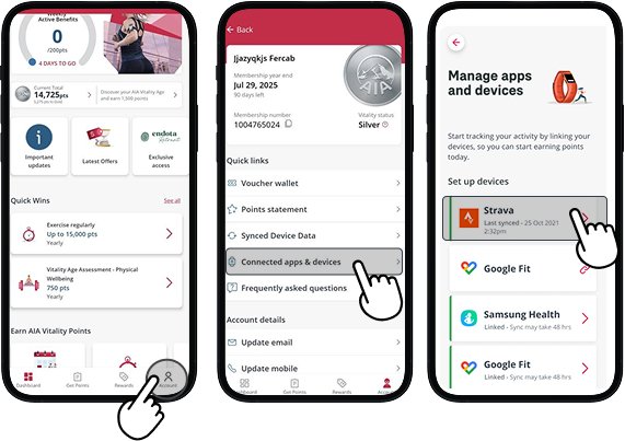 AIA Vitality app screen highlighting account, opening connected apps and devices and selecting Strava.