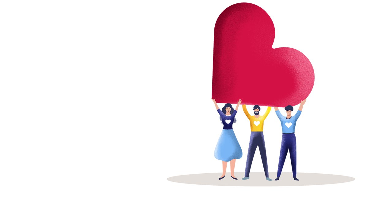 3 people holding a love heart illustration.