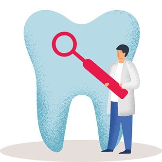 A man wearing a lab coat holds a tooth up to a magnifying glass
