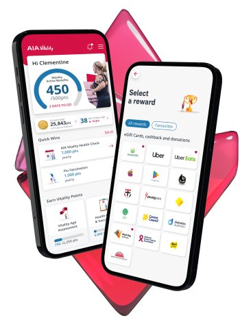 Two smart phones displaying AIA Vitality app features