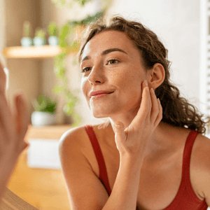 woman touching her face and smiling, looking at her reflection in a sunlit bathroom