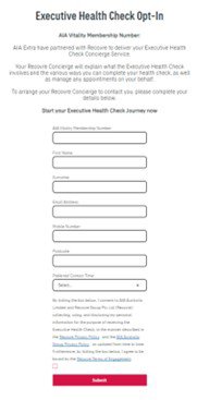 Screenshot of form for Executive Health Check Opt-in