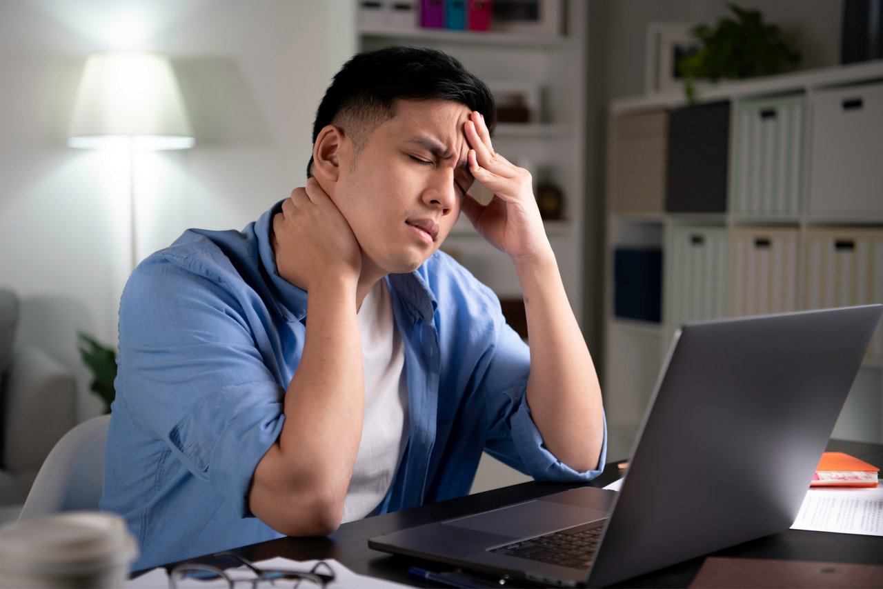 Man holds his neck and forehead while sitting in front of a computer 