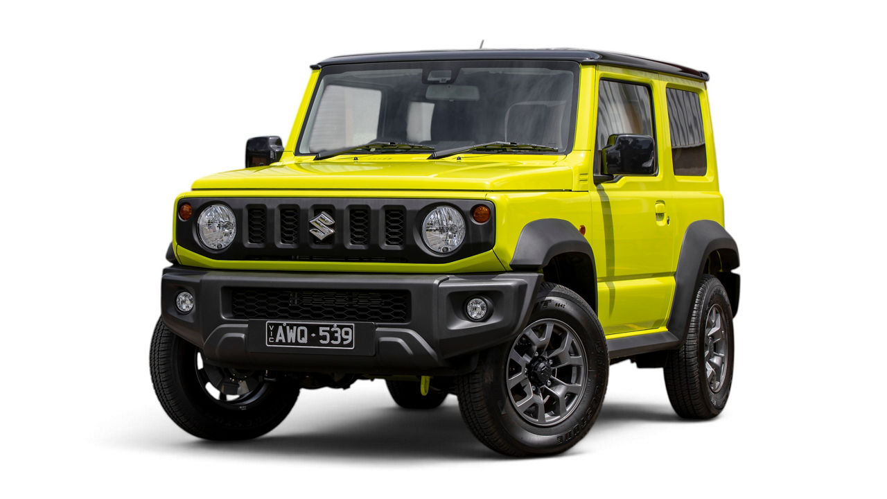 Front three quarter view of a Suzuki Jimny on a white studio background.