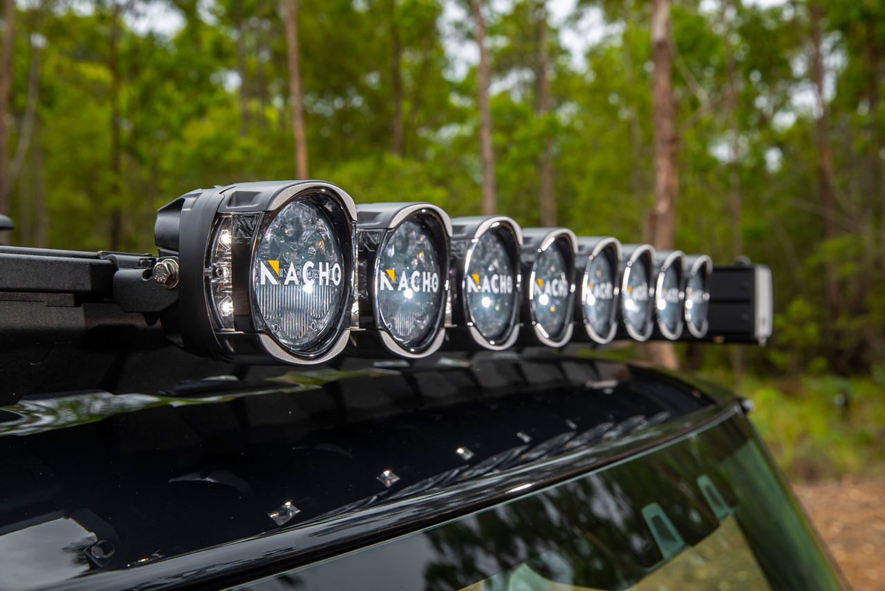 Close-up view of NACHO Quatro driving lights mounted to a roof rack system in a forested off road environment.