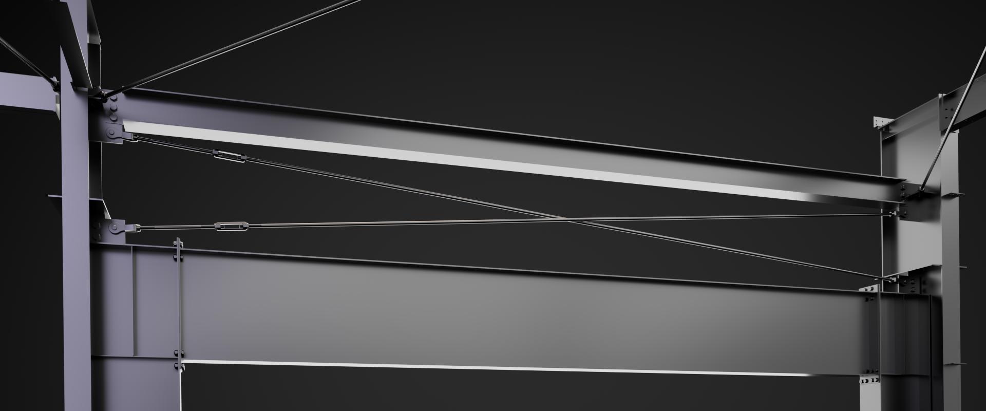 Butler bracing system with tension rods and cross-bracing connections, engineered to stabilize the structural frame, resist lateral forces, and maintain alignment within a fully integrated building system.