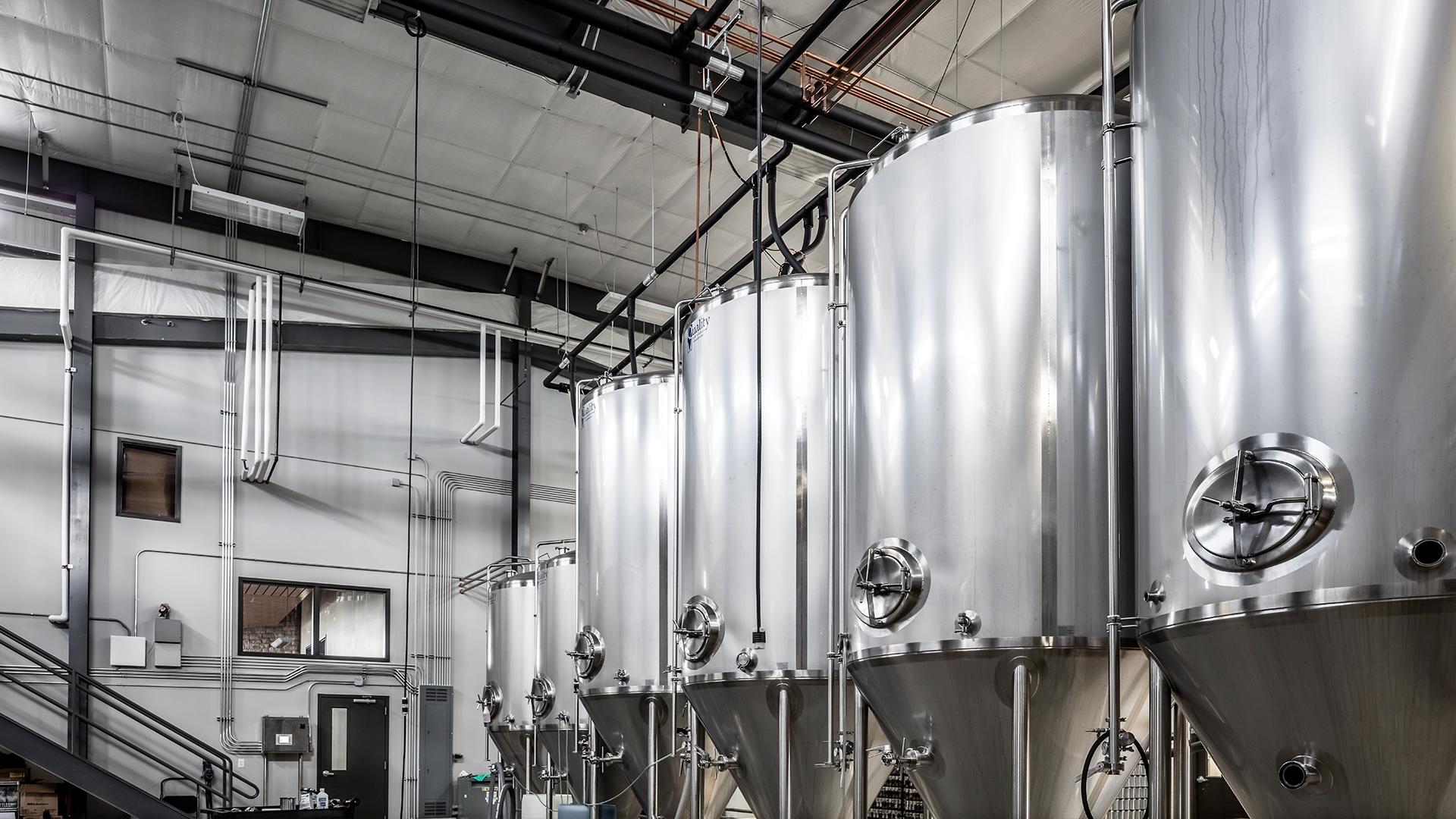 Stainless steel fermentation tanks in a brewery facility with integrated piping and overhead systems—designed for controlled production, sanitation, and operational efficiency.