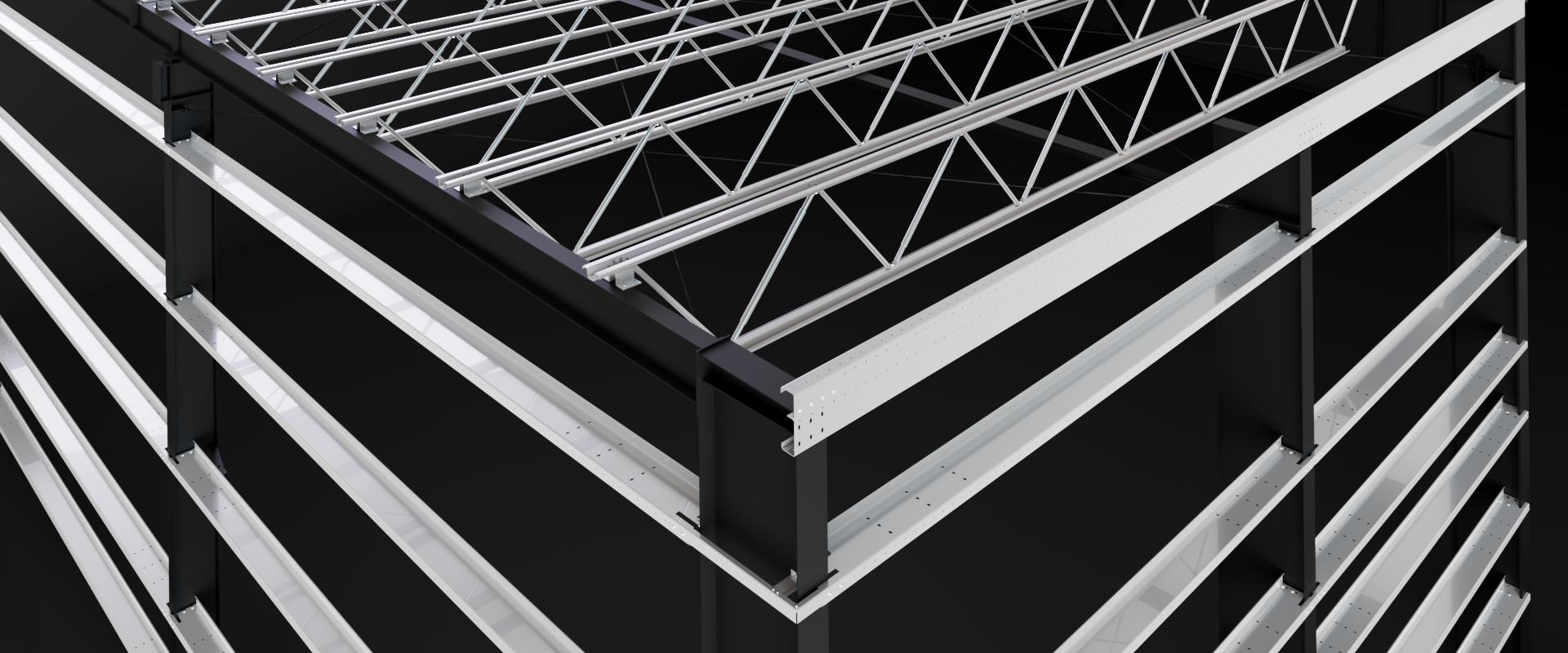 Close up of Butler secondary structural system with integrated purlins and truss members, supporting roof loads and enabling coordinated system performance.