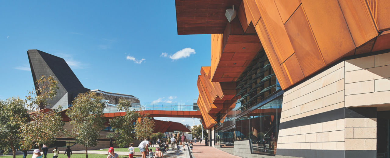 Exterior of modern building and fountain in Yagan Square, Perth