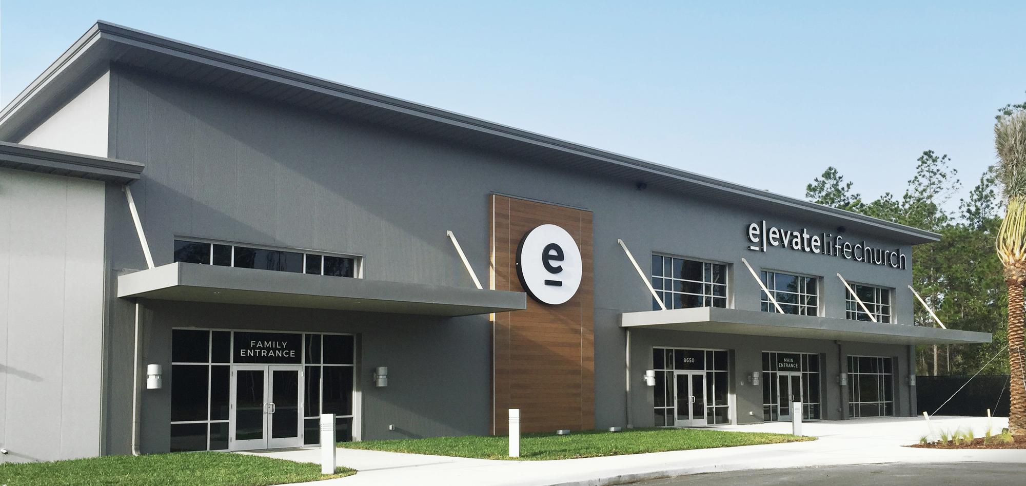 Exterior view of Elevate Life Church featuring integrated worship, education and community gathering spaces designed to support flexible daily use and a cohesive congregational environment.