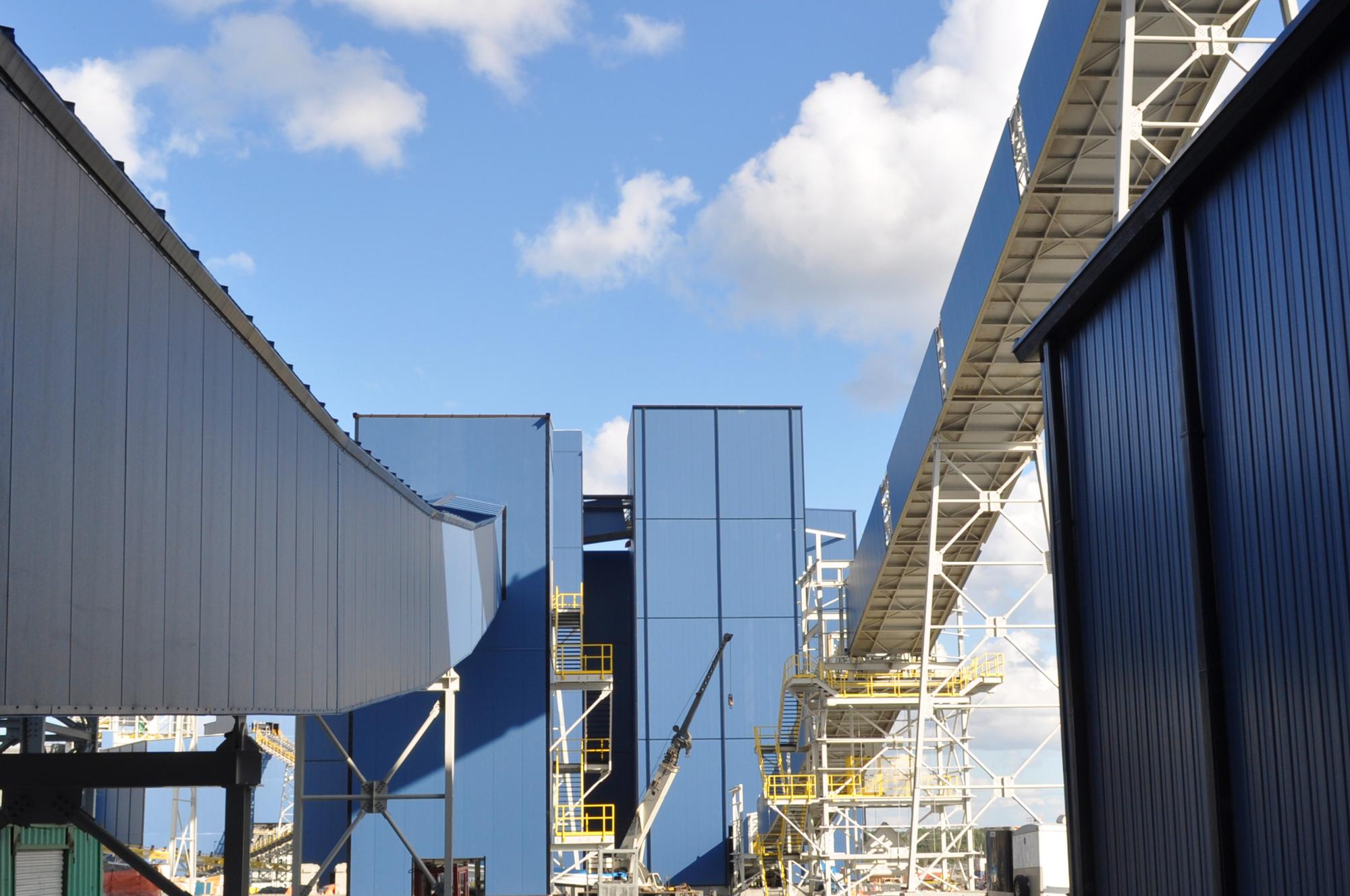 Industrial processing facility structures at the GreenStone Gold Mines site featuring integrated steel framing and elevated operational systems.