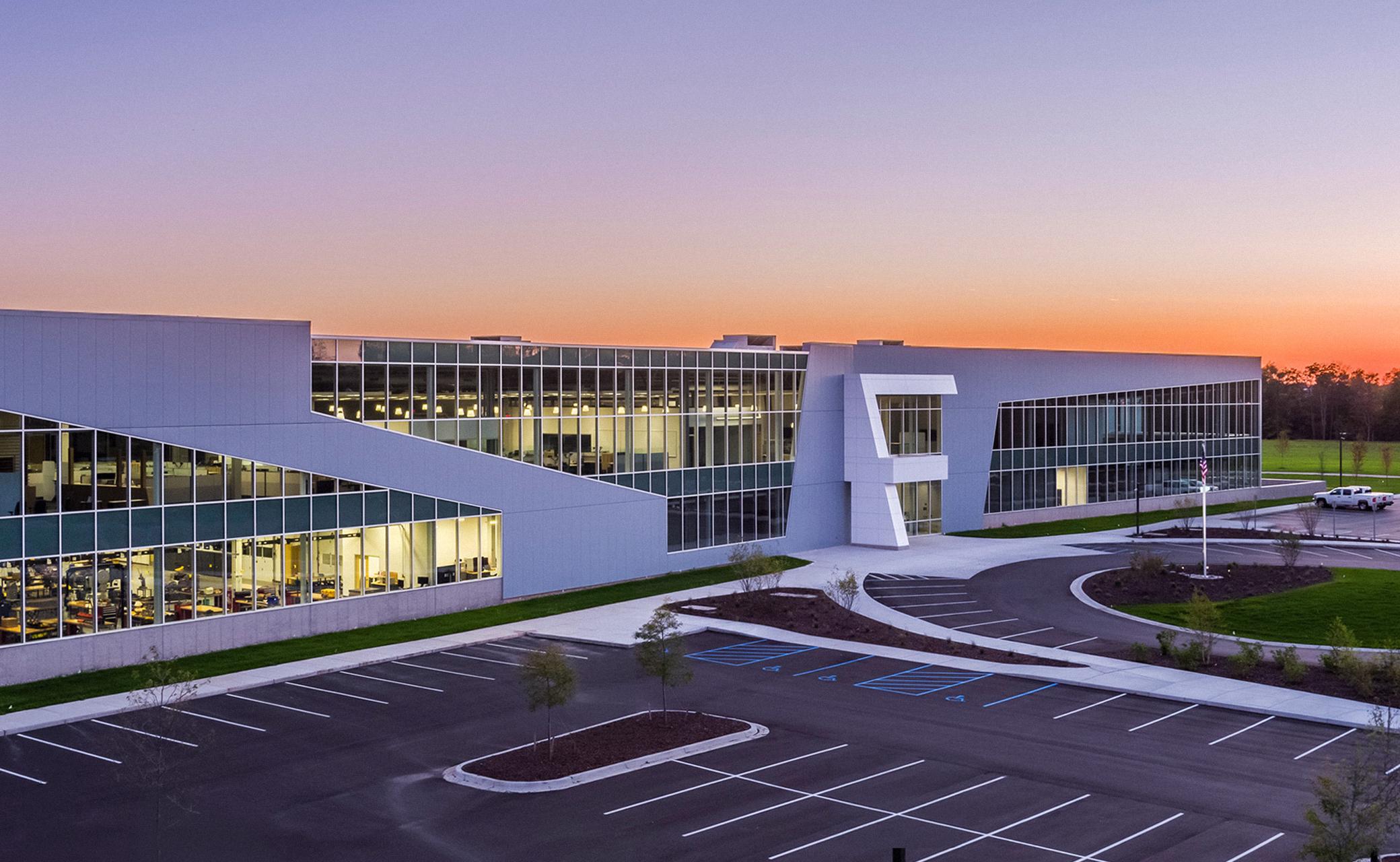 Image of Hybrid Steel Building at night