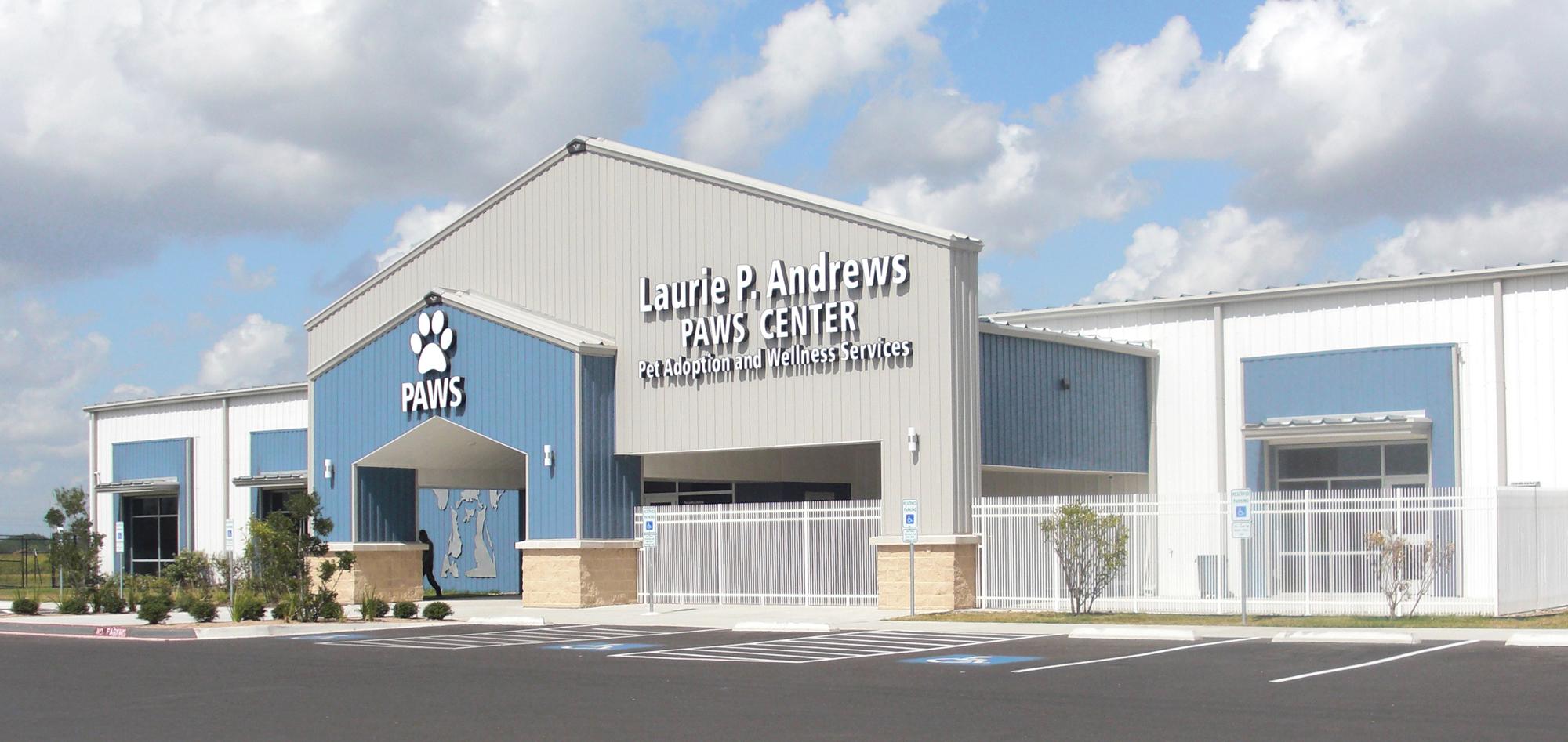 Exterior view of the Laurie P. Andrews Paws Center featuring integrated animal care, intake and adoption spaces designed to support efficient shelter operations and a welcoming community experience.