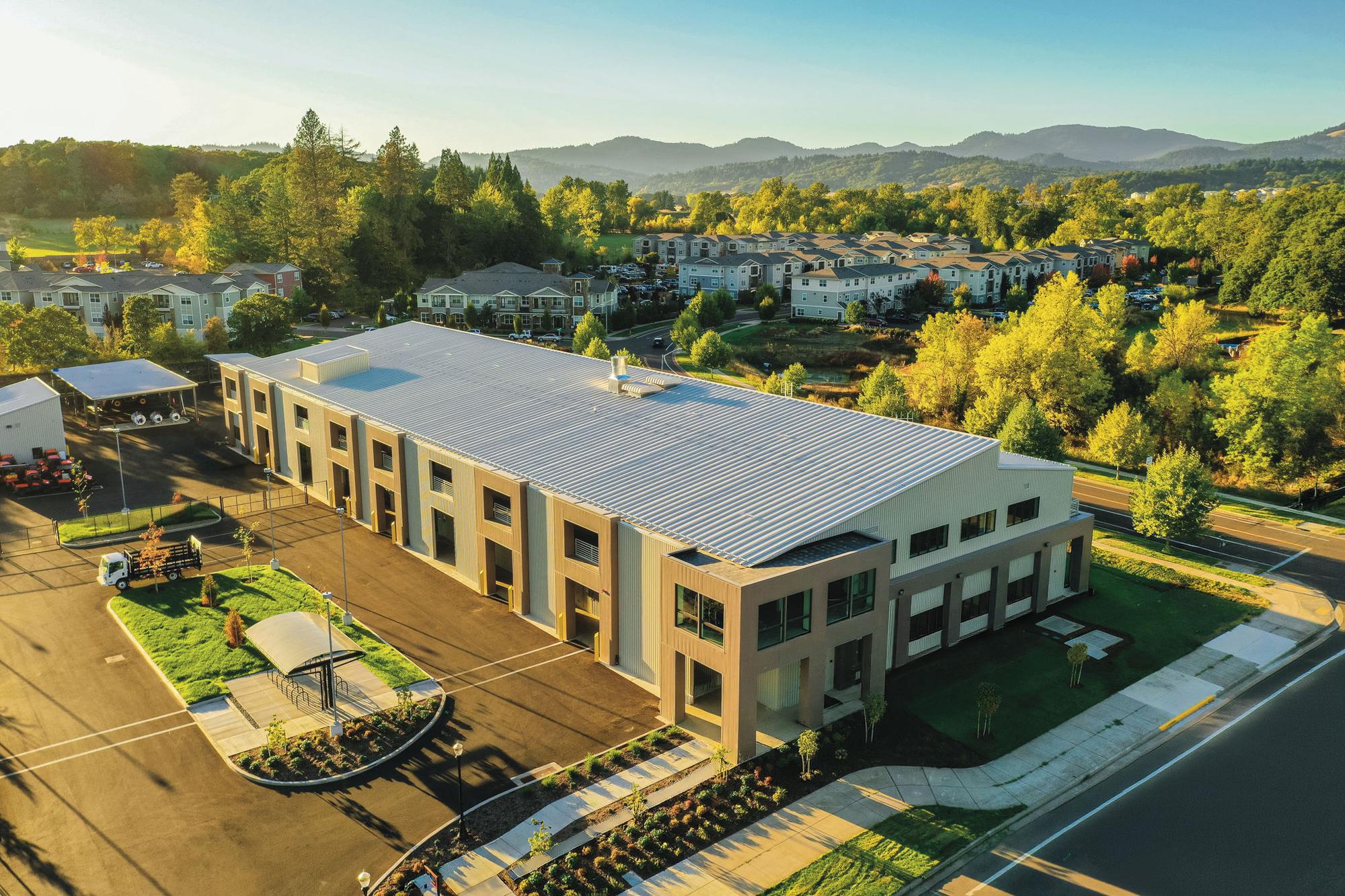 Aerial view of the Oregon State University Campus Operations Center featuring a multi-use operations facility designed to consolidate campus services, support heavy structural demands and improve long-term operational efficiency.