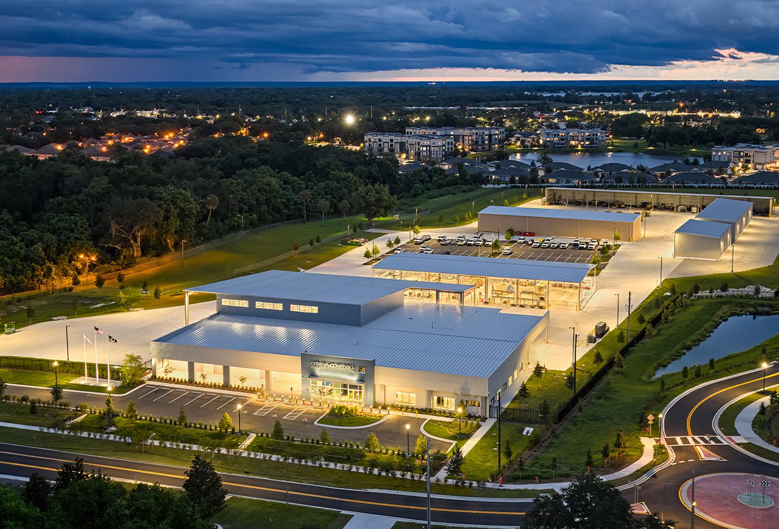 Industrial manufacturing campus featuring multiple pre-engineered metal buildings, integrated office space and large-scale steel building construction.