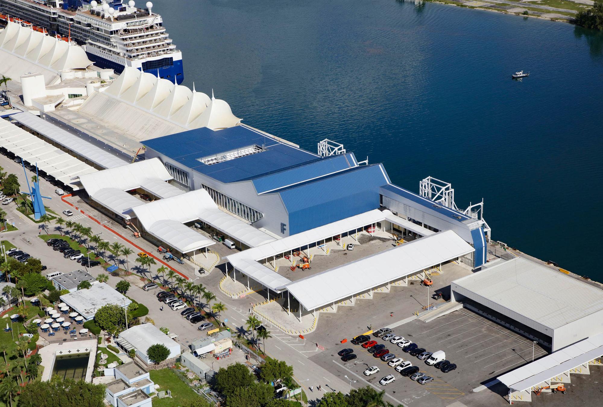 Aerial view of the PortMiami Terminal F Roof Retrofit featuring an innovative roof system integrated into an active cruise terminal environment through coordinated retrofit planning and structural adaptation.