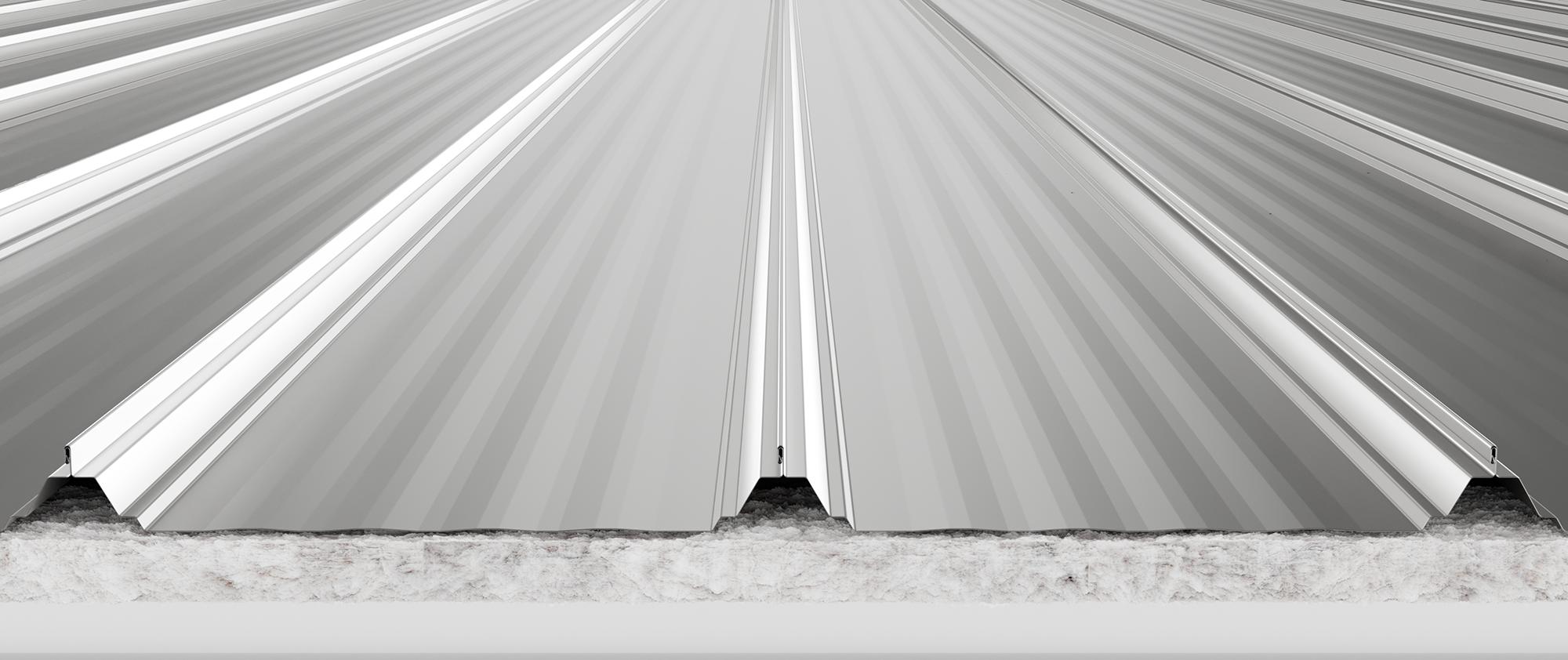 Standing Seam Roof (SSR) system render featuring concealed fastening technology, precision-engineered panel ribs and a weathertight roof profile designed for long-term performance.