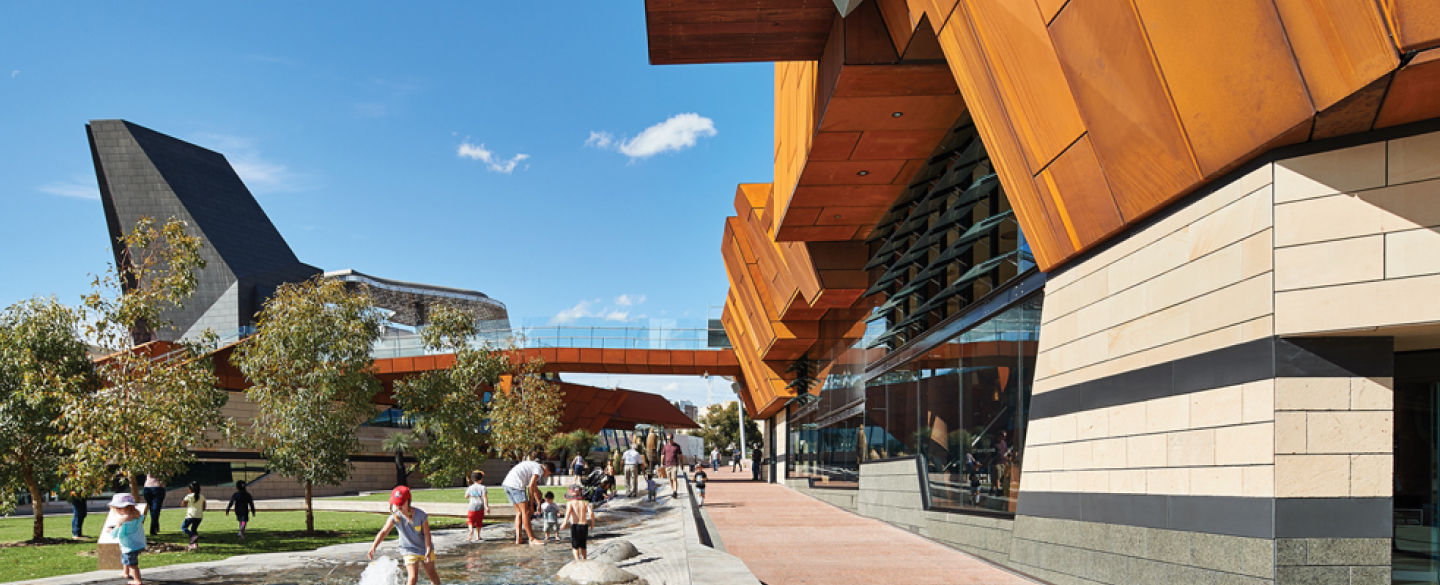 Exterior of modern building and fountain in Yagan Square, Perth