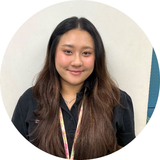 ID photo of Fuengfah Thongjamroon a young woman with dark bleached to black hair and black eyes wearing a black shirt and ID lanyard