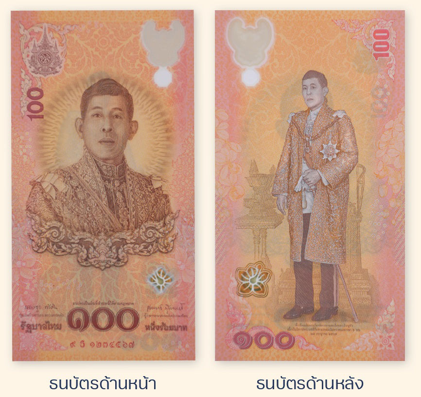 ภาพแสดงด้านหน้าและด้านหลังของธนบัตรที่ระลึกเฉลิมพระเกียรติ เนื่องในโอกาสพระราชพิธีมหามงคลเฉลิมพระชนมพรรษา 6 รอบ 