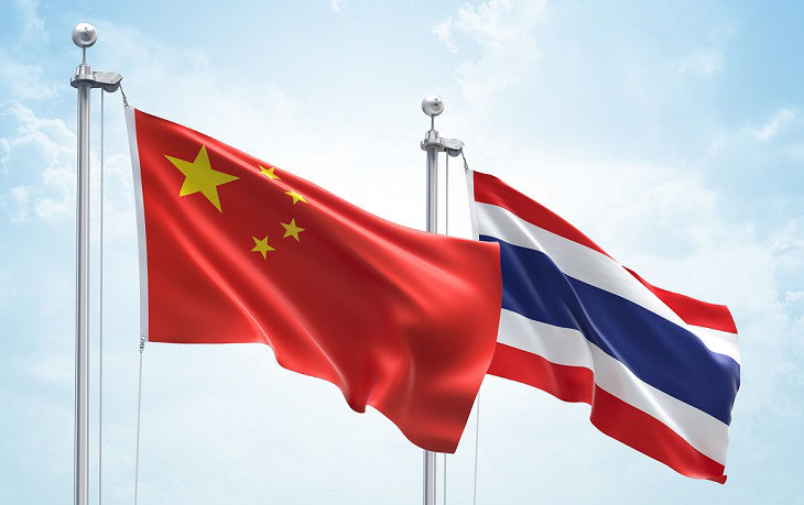 3D Rendering of China & Thailand Flags are Waving in the Sky - 3d illustration