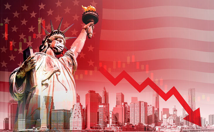 Concept of economic recession during the coronavirus outbreak in United States, downtrend stock with red arrow and The Statue of Liberty with mask background; Shutterstock ID 1670166322; purchase_order: BOT; job: ; client: ; other: 